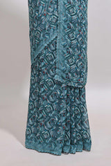 Turquoise blue geometirc digital print georgette saree with self scallop border and matching blouse