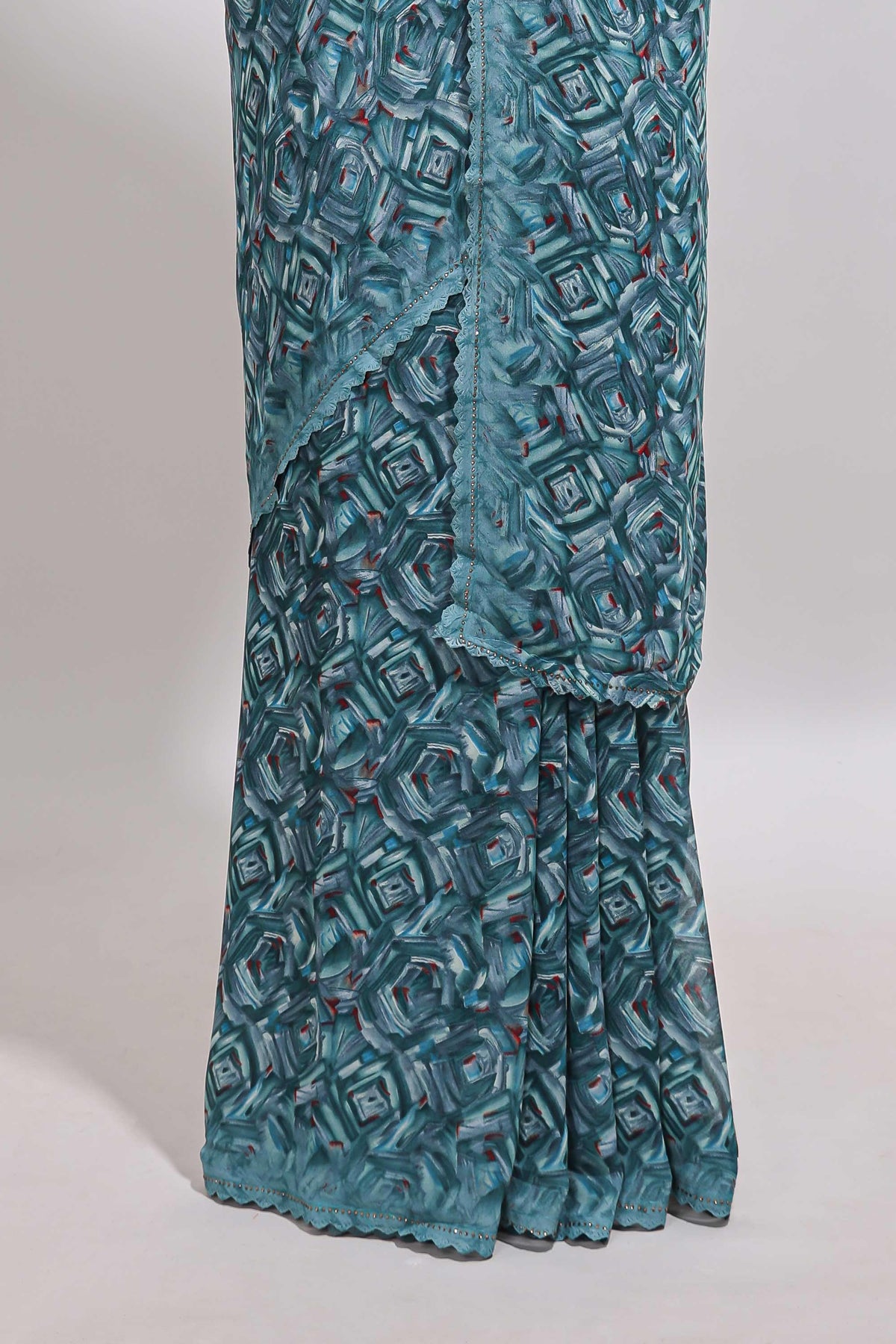 Turquoise blue geometirc digital print georgette saree with self scallop border and matching blouse