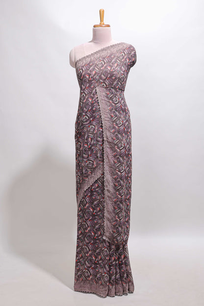 Mauve brown geometirc digital print georgette saree with self scallop border and matching blouse