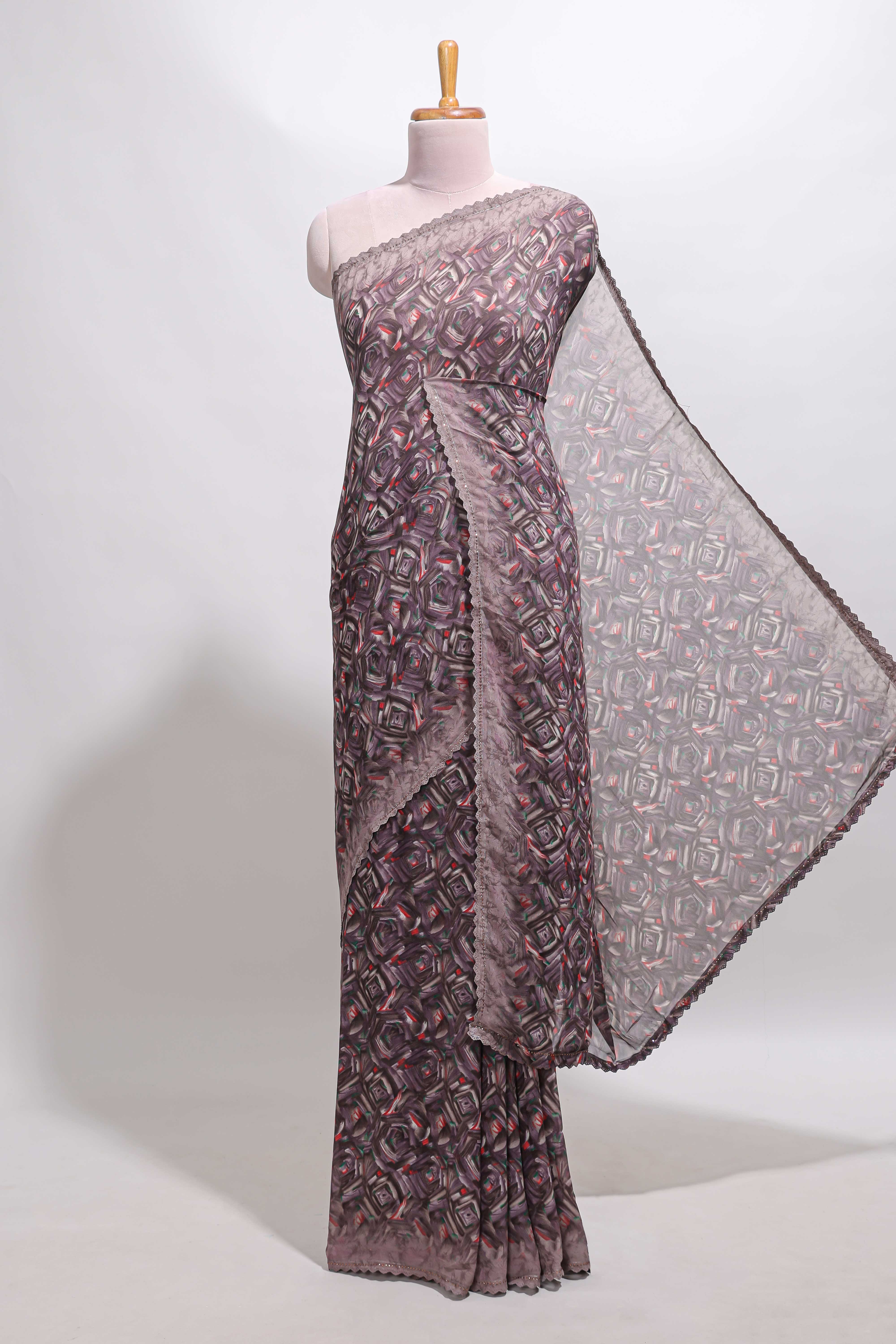 Mauve brown geometirc digital print georgette saree with self scallop border and matching blouse