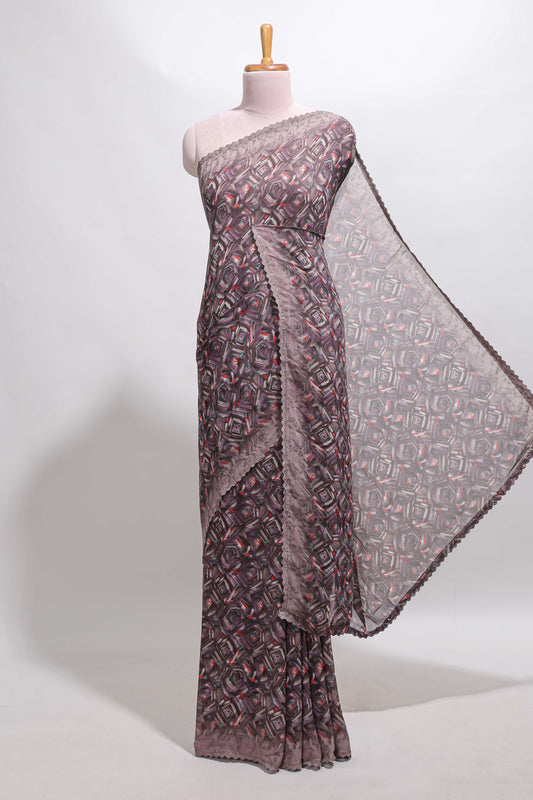 Mauve brown geometirc digital print georgette saree with self scallop border and matching blouse