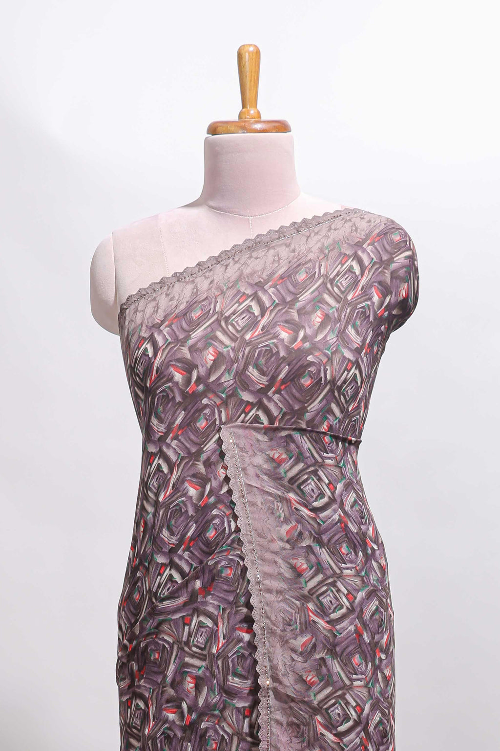 Mauve brown geometirc digital print georgette saree with self scallop border and matching blouse