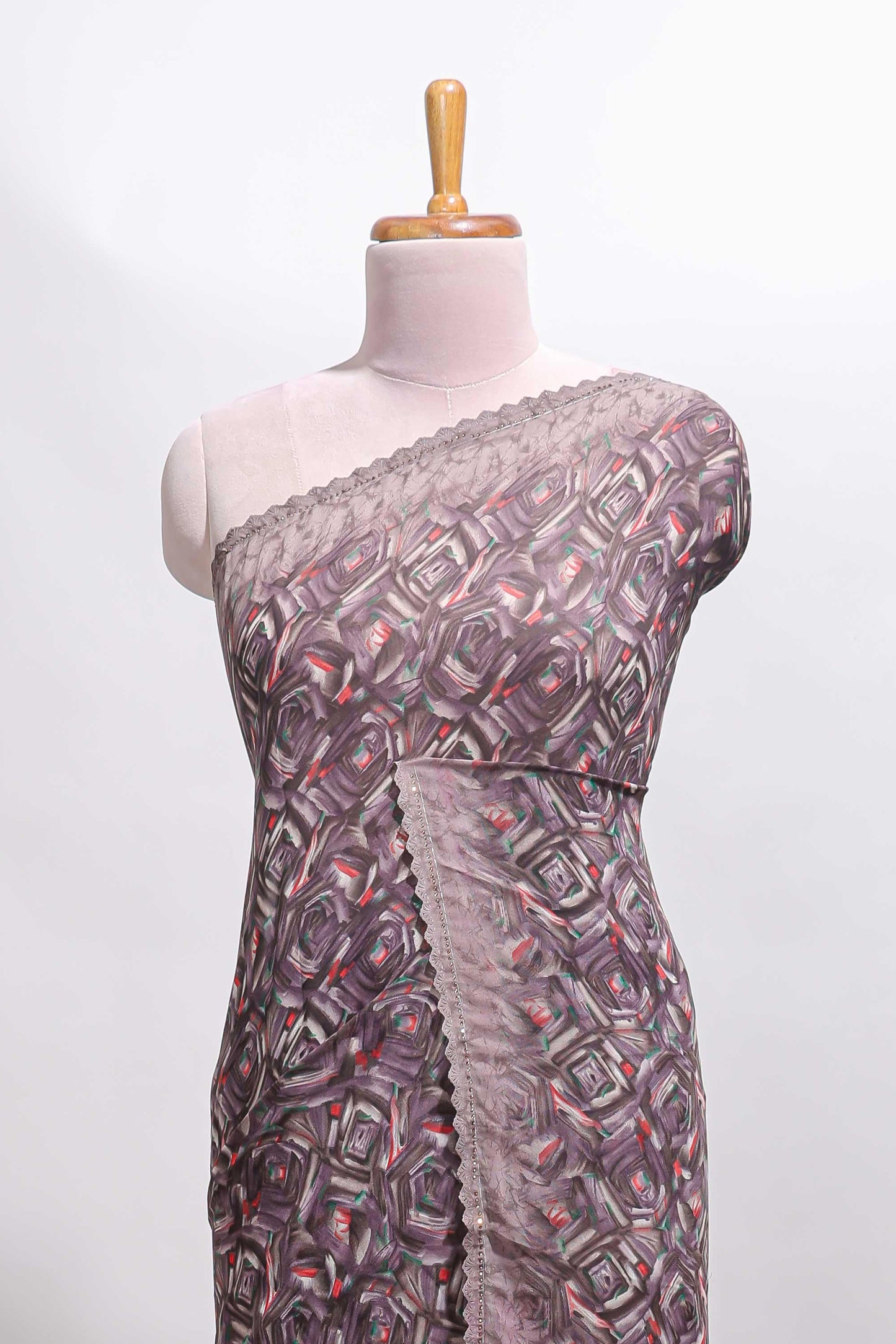 Mauve brown geometirc digital print georgette saree with self scallop border and matching blouse