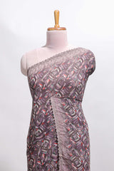 Mauve brown geometirc digital print georgette saree with self scallop border and matching blouse