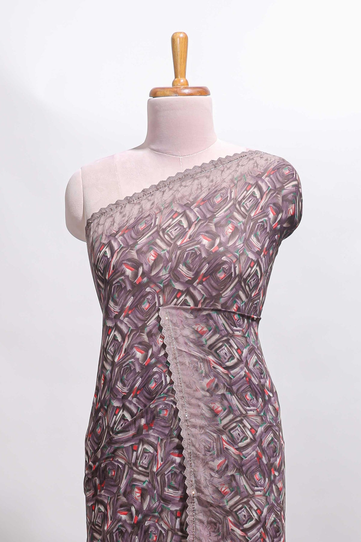 Mauve brown geometirc digital print georgette saree with self scallop border and matching blouse