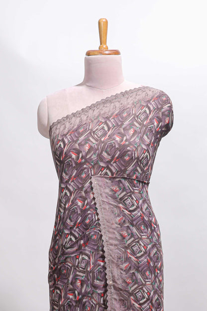 Mauve brown geometirc digital print georgette saree with self scallop border and matching blouse