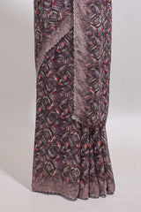 Mauve brown geometirc digital print georgette saree with self scallop border and matching blouse