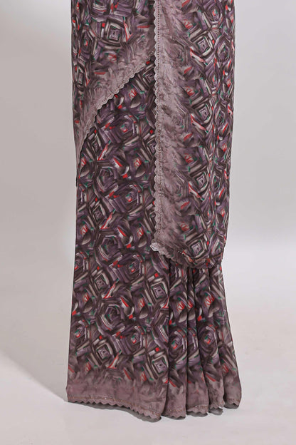 Mauve brown geometirc digital print georgette saree with self scallop border and matching blouse