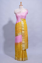 Mustard yellow and pink double shaded zari checks georgette saree with small zari border and self pallu along with matching zari buttas blouse piece