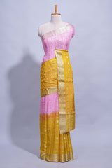 Mustard yellow and pink double shaded zari checks georgette saree with small zari border and self pallu along with matching zari buttas blouse piece