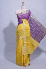 Yellow and violet double shaded zari checks georgette saree with small zari border and self pallu along with matching zari buttas blouse piece
