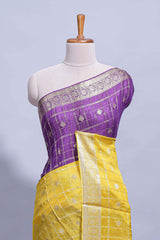 Yellow and violet double shaded zari checks georgette saree with small zari border and self pallu along with matching zari buttas blouse piece