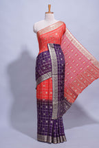 Red and violet double shaded zari checks georgette saree with small zari border and self pallu along with matching zari buttas blouse piece