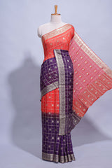 Red and violet double shaded zari checks georgette saree with small zari border and self pallu along with matching zari buttas blouse piece