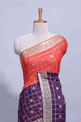 Red and violet double shaded zari checks georgette saree with small zari border and self pallu along with matching zari buttas blouse piece