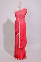 Red zari checks georgette saree with small zari border with self pallu and matching blouse