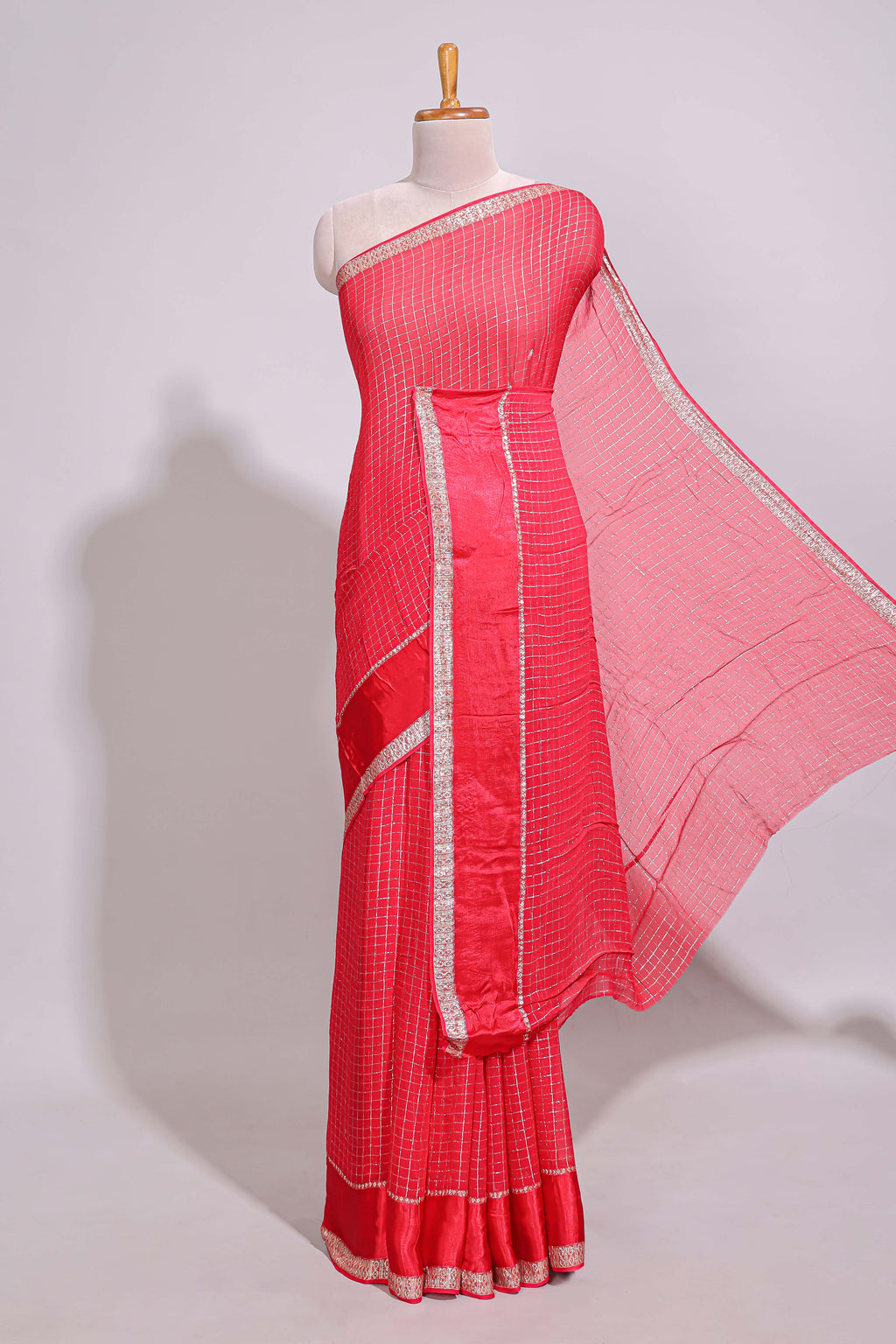 Red zari checks georgette saree with small zari border with self pallu and matching blouse