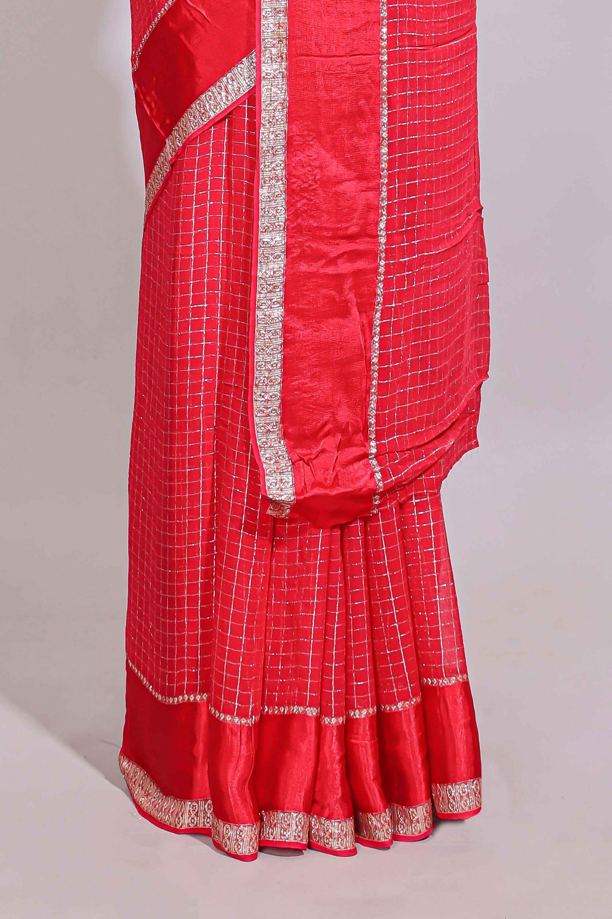 Red zari checks georgette saree with small zari border with self pallu and matching blouse