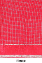 Red zari checks georgette saree with small zari border with self pallu and matching blouse