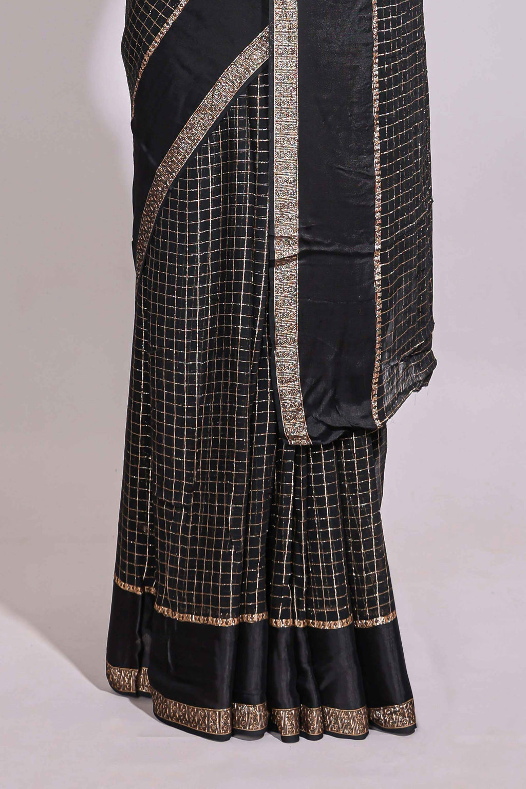 Black zari checks georgette saree with small zari border with self pallu and matching blouse