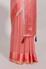 Peach zari checks georgette saree with small zari border and contrast aari work blouse
