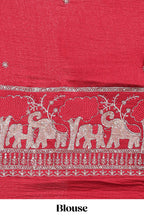 Peach zari checks georgette saree with small zari border and contrast aari work blouse
