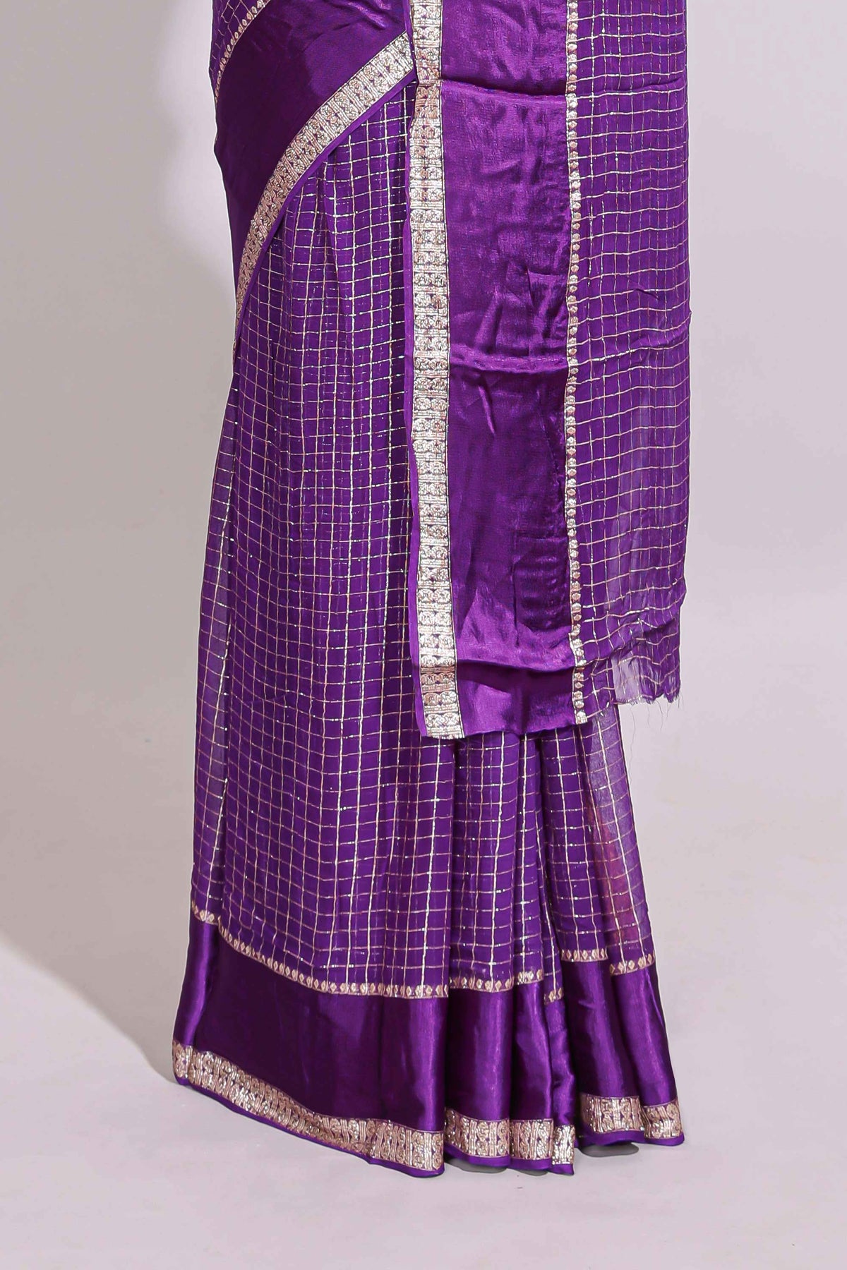Violet zari checks georgette saree with small zari border with self pallu and matching blouse