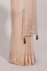 Cream zari checks georgette saree with small zari border and contrast aari work blouse