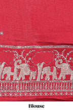 Cream zari checks georgette saree with small zari border and contrast aari work blouse