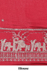 Gray zari checks georgette saree with small zari border and contrast aari work blouse