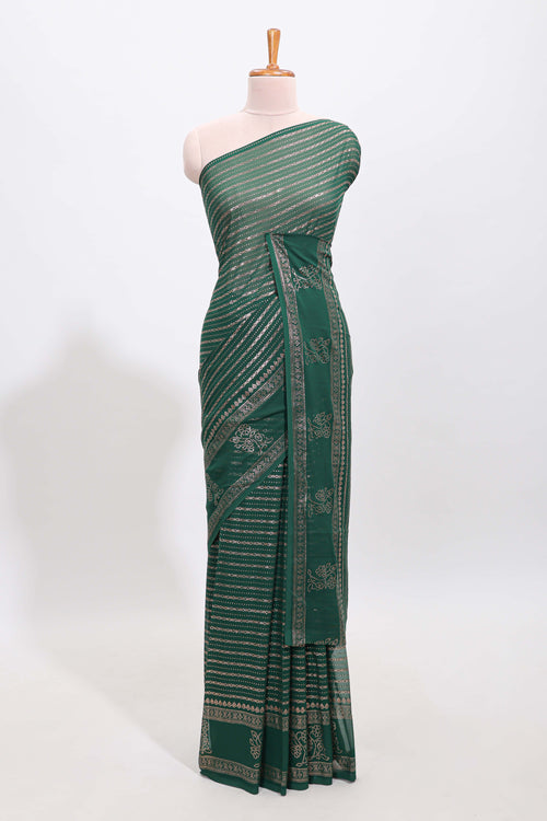Green vertical zari design georgette saree with self floral design border and matching blouse