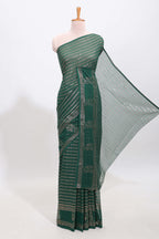 Green vertical zari design georgette saree with self floral design border and matching blouse