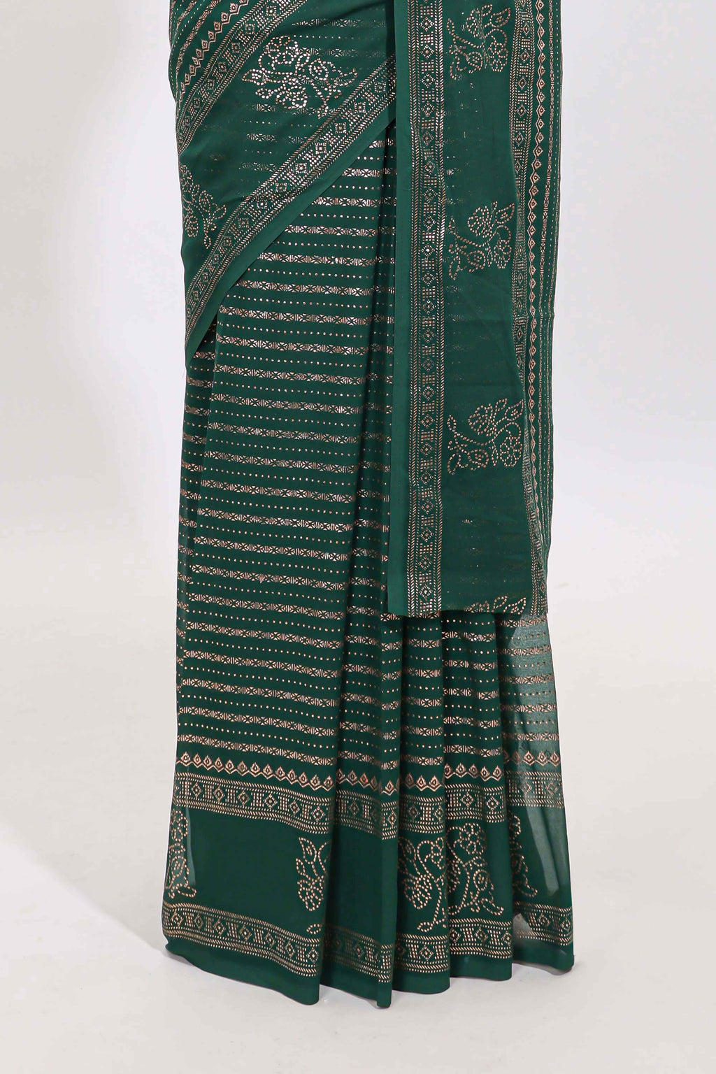 Green vertical zari design georgette saree with self floral design border and matching blouse