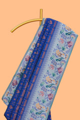 Blue geometric zari motifs ikkat cotton saree with contrast floral & birds design border and zari motifs blouse