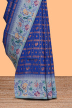 Blue geometric zari motifs ikkat cotton saree with contrast floral & birds design border and zari motifs blouse