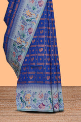 Blue geometric zari motifs ikkat cotton saree with contrast floral & birds design border and zari motifs blouse