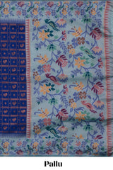 Blue geometric zari motifs ikkat cotton saree with contrast floral & birds design border and zari motifs blouse