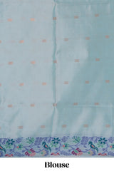 Blue geometric zari motifs ikkat cotton saree with contrast floral & birds design border and zari motifs blouse
