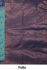 Teal green geometric & elephant motifs design ikkat cotton saree with contrast elephant design border and zari motifs blouse