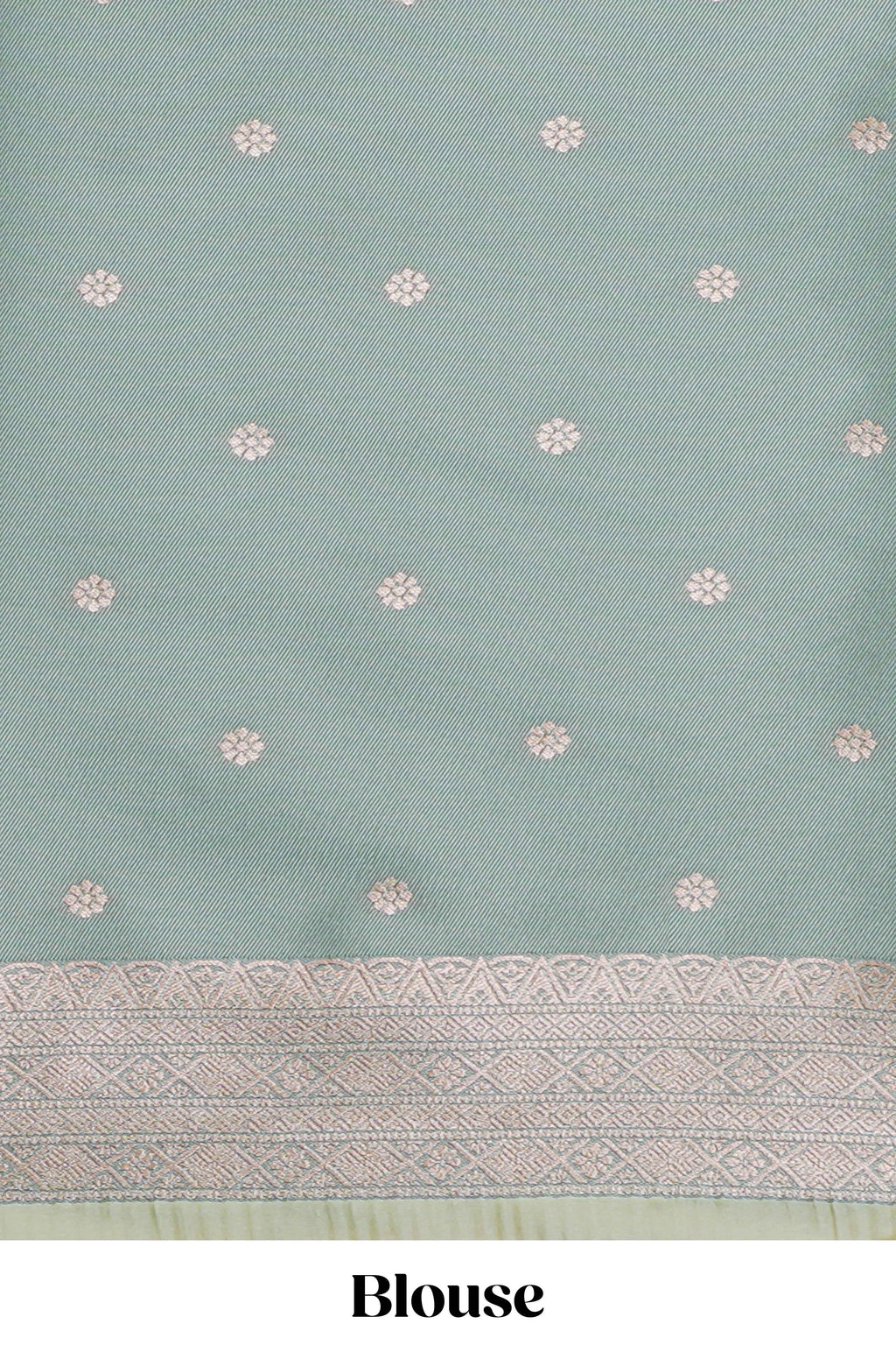 Green geometric motifs design ikkat cotton saree with contrast zari design border and zari floral motifs blouse