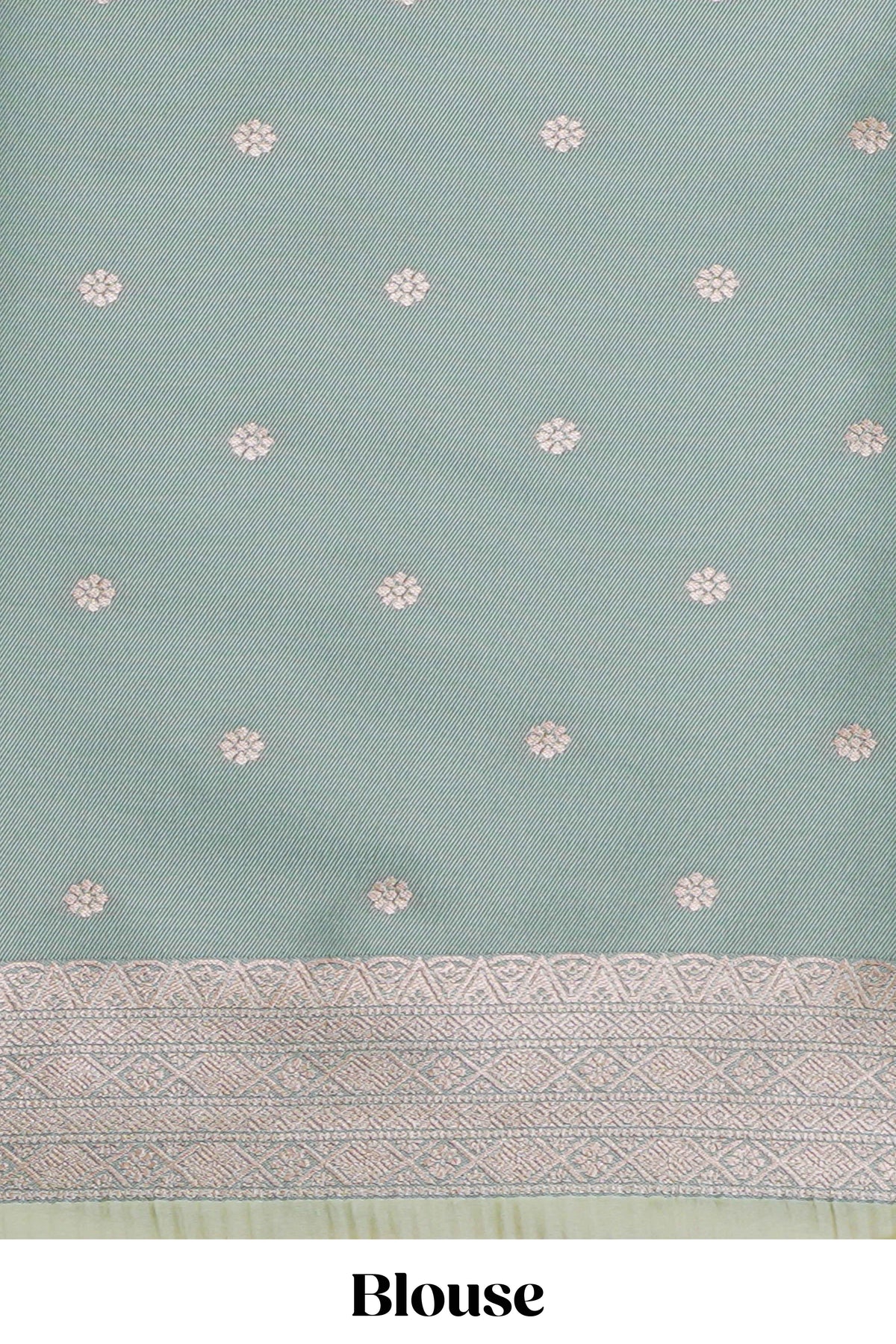 Green geometric motifs design ikkat cotton saree with contrast zari design border and zari floral motifs blouse