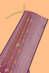 Plum lavender zari motifs design ikkat cotton saree with contrast zari design border and zari floral motifs blouse