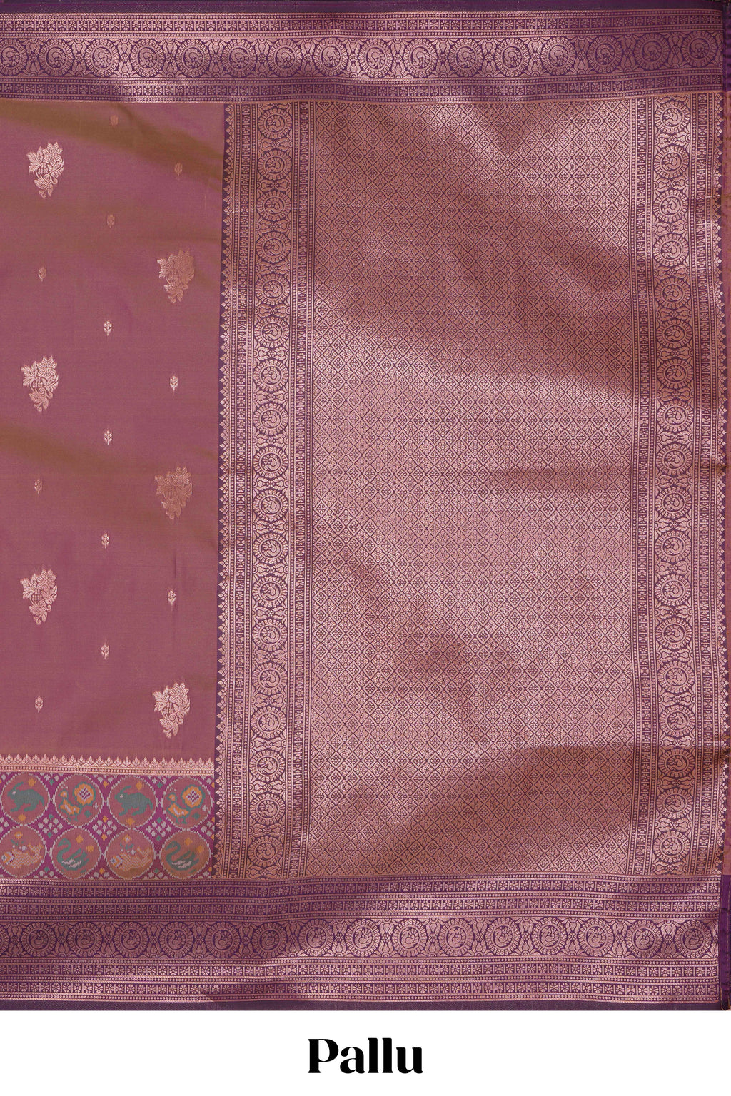 Plum lavender zari motifs design ikkat cotton saree with contrast zari design border and zari floral motifs blouse
