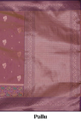 Plum lavender zari motifs design ikkat cotton saree with contrast zari design border and zari floral motifs blouse