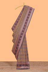 Mustard floral design ikkat cotton saree with contrast zari design border and zari floral motifs blouse