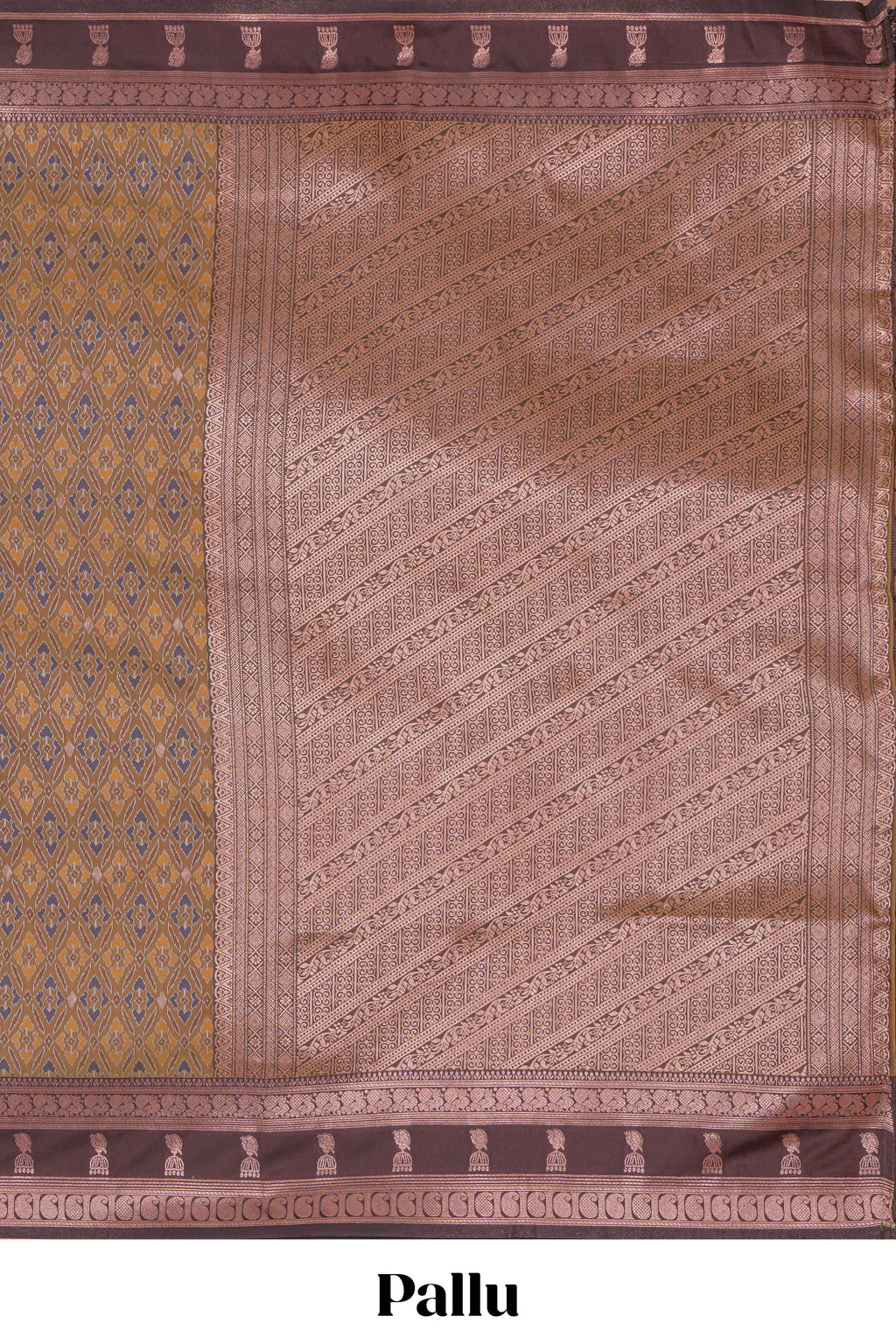 Mustard floral design ikkat cotton saree with contrast zari design border and zari floral motifs blouse