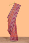 Orange floral design ikkat cotton saree with contrast zari design border and zari floral motifs blouse