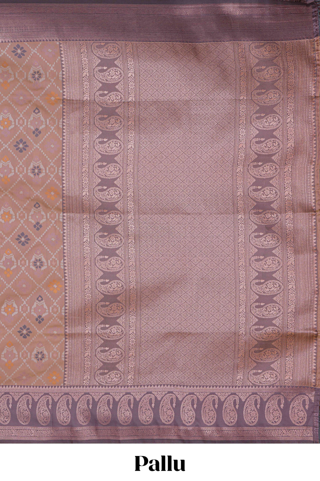 Pastel peach floral design zari motifs ikkat cotton saree with contrast zari design border and zari floral motifs blouse