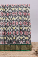Grey ikkat style motifs design ikkat cotton saree with contrast zari design border and plain blouse