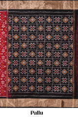 Red ikkat style motifs design ikkat cotton saree with contrast zari design border and plain blouse